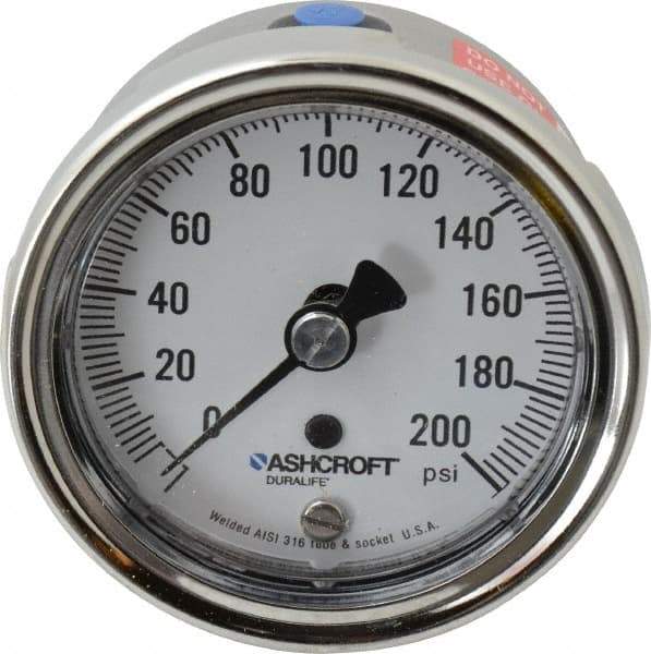 Ashcroft - 2-1/2" Dial, 1/4 Thread, 0-200 Scale Range, Pressure Gauge - Lower Back Connection Mount, Accurate to 1% of Scale - Apex Tool & Supply