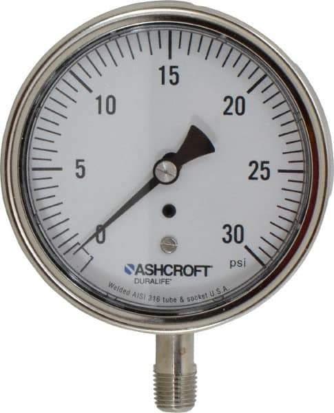 Ashcroft - 3-1/2" Dial, 1/4 Thread, 0-30 Scale Range, Pressure Gauge - Lower Connection Mount, Accurate to 1% of Scale - Apex Tool & Supply