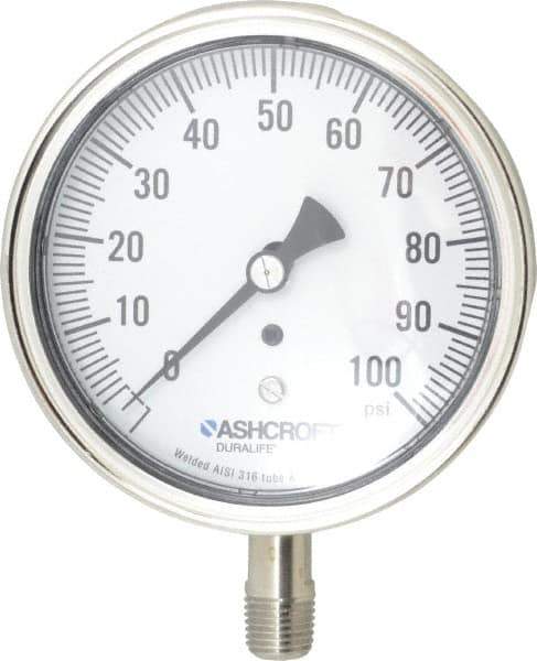 Ashcroft - 3-1/2" Dial, 1/4 Thread, 0-100 Scale Range, Pressure Gauge - Lower Connection Mount, Accurate to 1% of Scale - Apex Tool & Supply