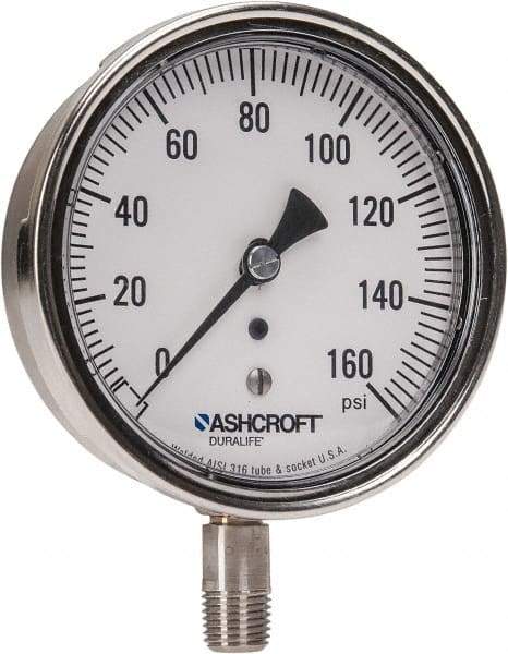 Ashcroft - 3-1/2" Dial, 1/4 Thread, 0-160 Scale Range, Pressure Gauge - Lower Connection Mount, Accurate to 1% of Scale - Apex Tool & Supply