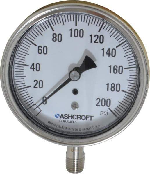 Ashcroft - 3-1/2" Dial, 1/4 Thread, 0-200 Scale Range, Pressure Gauge - Lower Connection Mount, Accurate to 1% of Scale - Apex Tool & Supply