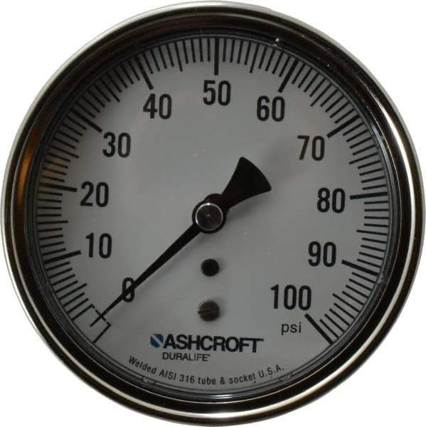 Ashcroft - 3-1/2" Dial, 1/4 Thread, 0-100 Scale Range, Pressure Gauge - Center Back Connection Mount, Accurate to 1% of Scale - Apex Tool & Supply