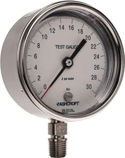 Ashcroft - 3" Dial, 1/4 Thread, 0-30 Scale Range, Pressure Gauge - Lower Connection Mount, Accurate to 0.5% of Scale - Apex Tool & Supply