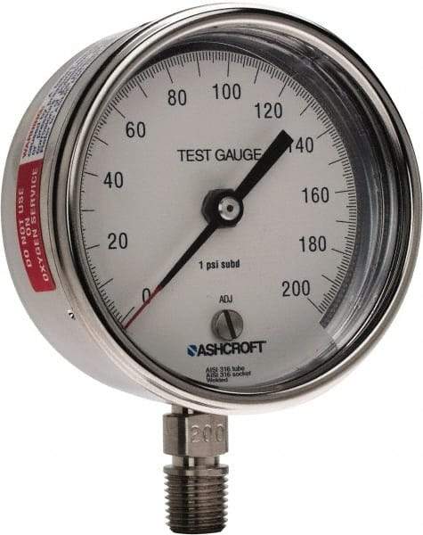 Ashcroft - 3" Dial, 1/4 Thread, 0-200 Scale Range, Pressure Gauge - Lower Connection Mount, Accurate to 0.5% of Scale - Apex Tool & Supply