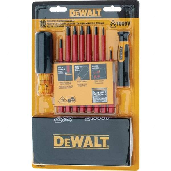 DeWALT - 10 Piece Slotted & Phillips Screwdriver Set - Vinyl Grip Handle, Blade Sizes: Width 3/16, 1/4 & 1/8, Bit Sizes: Philips #0 to #2, Tip Thickness: 1/8, 3/16 & 1/4, Comes in Tool Roll - Apex Tool & Supply