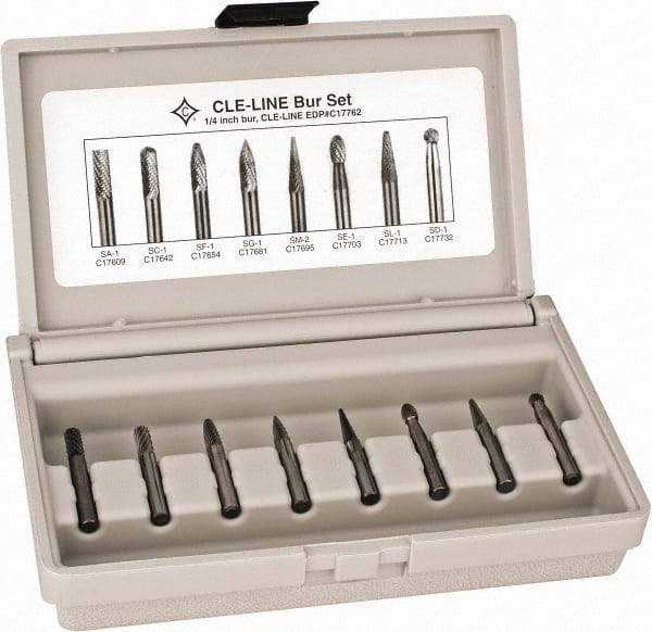 Cle-Line - 8 Piece, 1/4" Shank Burr Set - Solid Carbide, Multiple Head Shapes - Apex Tool & Supply