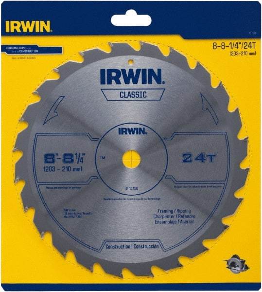 Irwin Blades - 8-1/4" Diam, 5/8" Arbor Hole Diam, 24 Tooth Wet & Dry Cut Saw Blade - Carbide-Tipped, Smooth Action, Diamond Arbor - Apex Tool & Supply