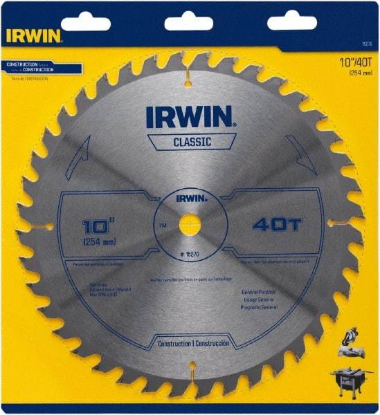 Irwin Blades - 10" Diam, 5/8" Arbor Hole Diam, 40 Tooth Wet & Dry Cut Saw Blade - Carbide-Tipped, Smooth Action, Diamond Arbor - Apex Tool & Supply