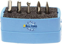 M.A. Ford - 5 Piece, 6mm Shank Burr Set - Solid Carbide, Multiple Head Shapes, 6° Included Angle - Apex Tool & Supply