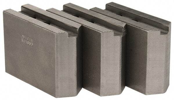 Abbott Workholding Products - 1.5mm x 60° Serrated Attachment, Square Soft Lathe Chuck Jaw - 3 Jaws, Steel, 63/64" Btw Mount Hole Ctrs, 4" Long x 1-1/2" Wide x 3" High, 0.5512" Groove, 0.4724" & 12mm Fastener - Apex Tool & Supply