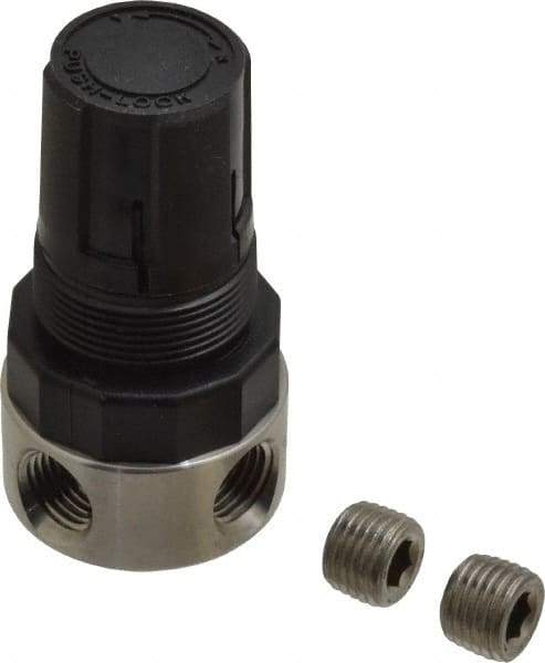 Parker - 1/4 NPT Port, 12 CFM, Stainless Steel Miniature Regulator - 0 to 125 psi Range, 300 Max psi Supply Pressure, 1/4" Gauge Port Thread, 1.56" Wide x 3.06" High - Apex Tool & Supply