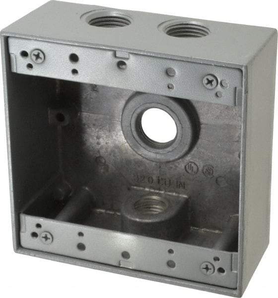 Thomas & Betts - 2 Gang, (4) 1/2" Knockouts, Aluminum Square Outlet Box - 4-9/16" Overall Height x 4-5/8" Overall Width x 2-1/16" Overall Depth, Weather Resistant - Apex Tool & Supply