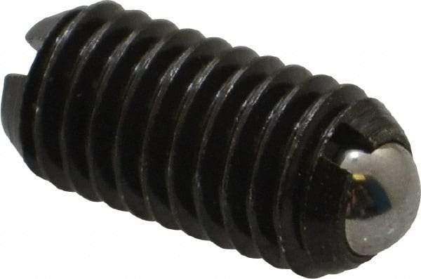 Vlier - M8x1.25, 5mm Ball Diam, 16mm Body Length, 1.5mm Max Ball Reach, Threaded Ball Plunger - Steel Body, Steel Ball, 3.37 Lb Initial End Force, 6.75 Lb Final End Force, Locking Element - Apex Tool & Supply