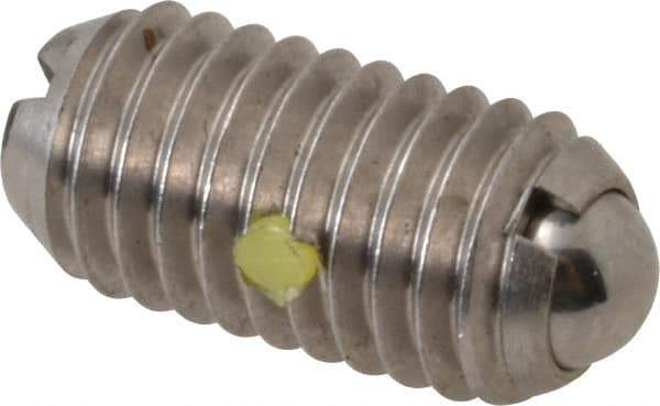 Vlier - M8x1.25, 5mm Ball Diam, 16mm Body Length, 1.5mm Max Ball Reach, Threaded Ball Plunger - Stainless Steel Body, Stainless Steel Ball, 3.37 Lb Initial End Force, 6.75 Lb Final End Force, Locking Element - Apex Tool & Supply