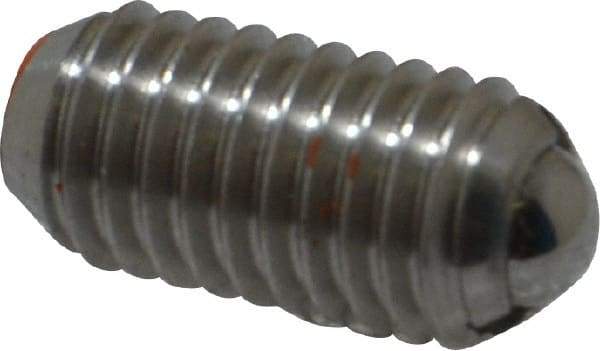Vlier - M8x1.25, 5mm Ball Diam, 16mm Body Length, 1.5mm Max Ball Reach, Threaded Ball Plunger - Stainless Steel Body, Stainless Steel Ball, 9 Lb Initial End Force, 13.49 Lb Final End Force - Apex Tool & Supply
