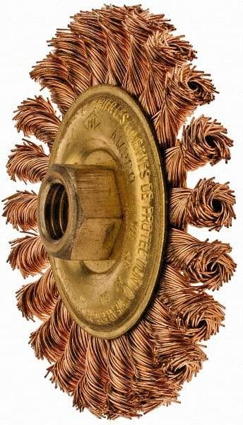 Ampco - 4" OD, 5/8-11 Arbor Hole, Knotted Phosphorus Bronze Alloy Wheel Brush - 3/8" Face Width, 9/16" Trim Length, 20,000 RPM - Apex Tool & Supply