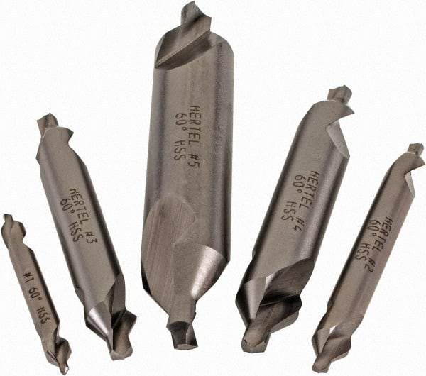 Hertel - #1 to 5, 1/8 to 7/16" Body Diam, 1/8" Point Diam, Plain Edge, High Speed Steel Combo Drill & Countersink Set - 0.0469 to 0.1875" Point Length, 1/8 to 2-3/4" OAL, Double End, Hertel Series Compatibility - Apex Tool & Supply