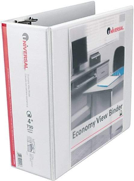 UNIVERSAL - 4" Sheet Capacity, 11 x 8-1/2", View Ring Binder - Vinyl, White - Apex Tool & Supply