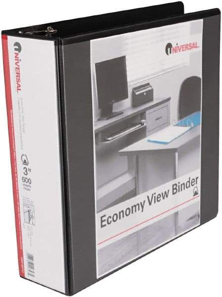 UNIVERSAL - 3" Sheet Capacity, 11 x 8-1/2", View Ring Binder - Vinyl, Black - Apex Tool & Supply
