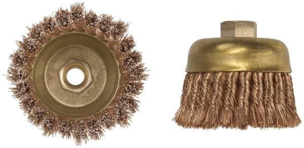Ampco - 4" Diam, 5/8-11 Threaded Arbor, Bronze Phosphorus Fill Cup Brush - 0.02 Wire Diam, 1-1/2" Trim Length, 7,000 Max RPM - Apex Tool & Supply
