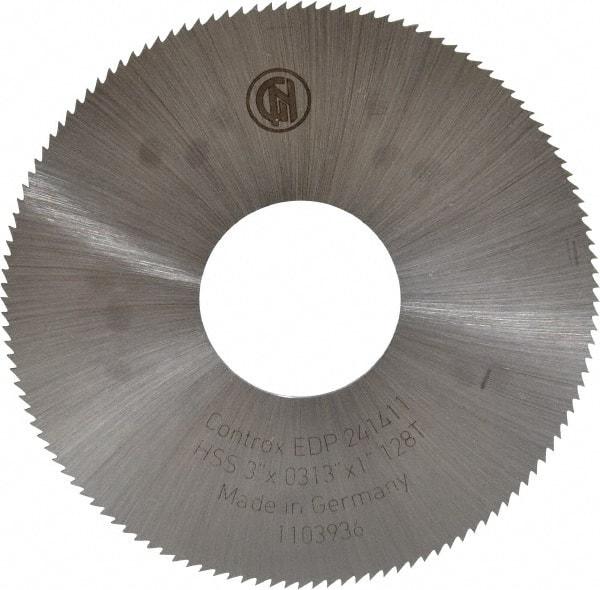 Controx - 3" Diam x 0.0313" Blade Thickness x 1" Arbor Hole Diam, 128 Tooth Slitting & Slotting Saw - Arbor Connection, Right Hand, Uncoated, M2 High Speed Steel, Concave Ground - Apex Tool & Supply