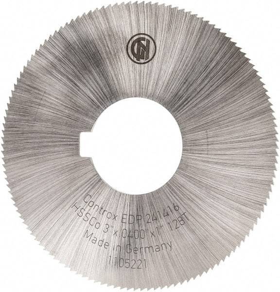 Controx - 3" Diam x 0.04" Blade Thickness x 1" Arbor Hole Diam, 128 Tooth Slitting and Slotting Saw - Arbor Connection, Right Hand, Uncoated, Cobalt, Concave Ground, Contains Keyway - Apex Tool & Supply