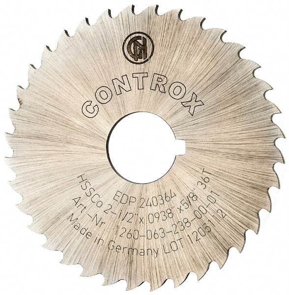 Controx - 2-1/2" Diam x 0.0938" Blade Thickness x 5/8" Arbor Hole Diam, 36 Tooth Slitting and Slotting Saw - Arbor Connection, Right Hand, Uncoated, Cobalt, 15° Rake, Concave Ground, Contains Keyway - Apex Tool & Supply