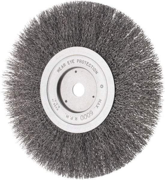 Weiler - 8" OD, 5/8" Arbor Hole, Crimped Steel Wheel Brush - 3/4" Face Width, 1-1/2" Trim Length, 0.014" Filament Diam, 4,500 RPM - Apex Tool & Supply