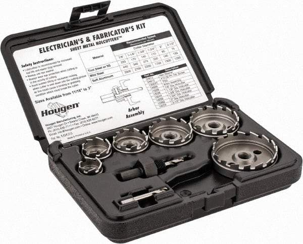 Hougen - 11 Piece, 7/8 to 2-1/2" Cutter Diam, 1/8" Cutting Depth, High Speed Steel Annular Cutter Set - Bright Finish, 3/8" Shank Diam, 7/8, 1-1/8, 1-3/8, 1-3/4, 2, 2-1/2" Cutter Diams, 3 Flats on Shank - Apex Tool & Supply