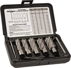 Hougen - 8 Piece, 5/8 to 1-1/8" Cutter Diam, 2" Cutting Depth, High Speed Steel Annular Cutter Set - Bright Finish, 3/4" Shank Diam, 5/8, 3/4, 7/8, 1, 1-1/8" Cutter Diams, 2 Flats on Shank - Apex Tool & Supply
