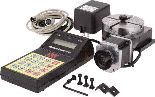 Sherline - 28,800 Max RPM Table/400 Max RPM Motor, 4" Table Diam, Horiz, CNC Rotary Indexing Table - 1.963" Centerline Height, 4" Subtable OD, 0.316" Through Hole, 120.00 Voltage, 0.006" Positioning Accuracy, AC Stepper Motor - Apex Tool & Supply
