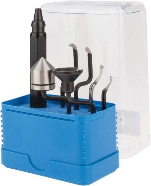 Noga - 7 Piece High Speed Steel Blade Hand Deburring Tool Set - S100, S150;RD16.5, EX18;O-Ring;TC Blades, For Holes, Straight Edge, Curved Edge, Internal Thread, Key Seat/Way, Small Ridges, Bushing Scraping, External Shaft - Apex Tool & Supply