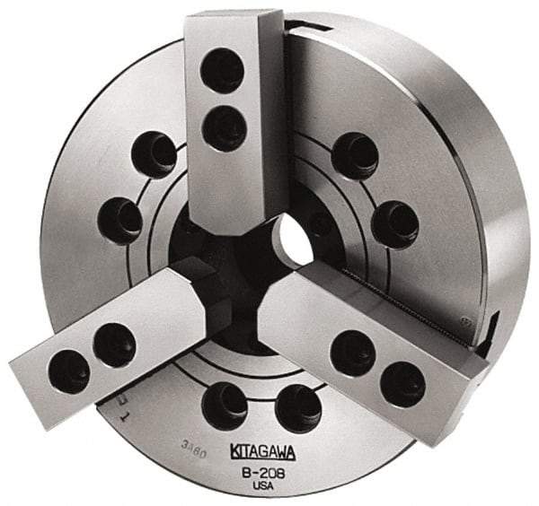 Kitagawa - 2 Jaws, 8" Chuck Diam, Plain Back Mount, 2.0472" Through Hole, Drawbar, Hydraulic Power Lathe Chuck - 19,292 Lb Force per Jaw, 1.5mm x 60 Serrated Jaw Interface, 14mm to 210mm Jaw Capacity, 5,000 RPM, High Speed Steel Body - Apex Tool & Supply