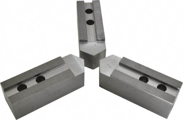 H & R Manufacturing - 1.5mm x 60° Serrated Attachment, Square Soft Lathe Chuck Jaw - 3 Jaws, Steel, 1.69" Btw Mount Hole Ctrs, 7-1/2" Long x 2-1/2" Wide x 2-1/2" High, 0.866" Groove, 20mm Fastener - Apex Tool & Supply