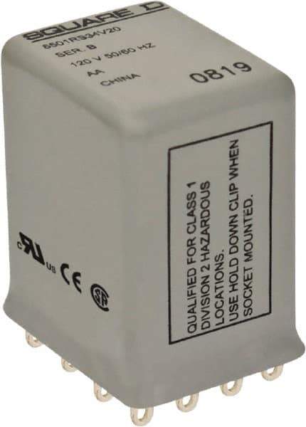Square D - 1/6 hp at 120/240 Volt, Electromechanical Plug-in General Purpose Relay - 1 Amp at 240 VAC, 4PDT, 120 VAC at 50/60 Hz - Apex Tool & Supply