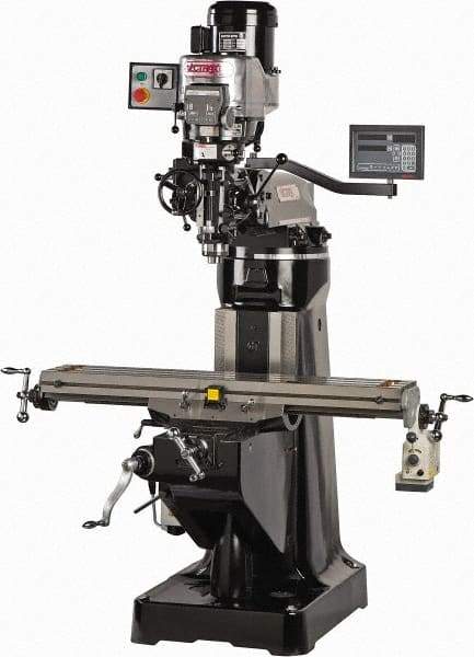 Vectrax - 9" Table Width x 48" Table Length, Variable Speed Pulley Control, 3 Phase Knee Milling Machine - R8 Spindle Taper, 3 hp - Apex Tool & Supply