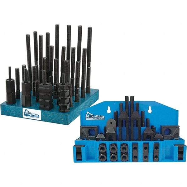 Gibraltar - 52 Piece Fixturing Step Block & Clamp Set with 1" Step Block, 7/16" T-Slot, 3/8-16 Stud Thread - 11/16" Nut Width, 3, 4, 5, 6, 7 & 8" Stud Lengths - Apex Tool & Supply