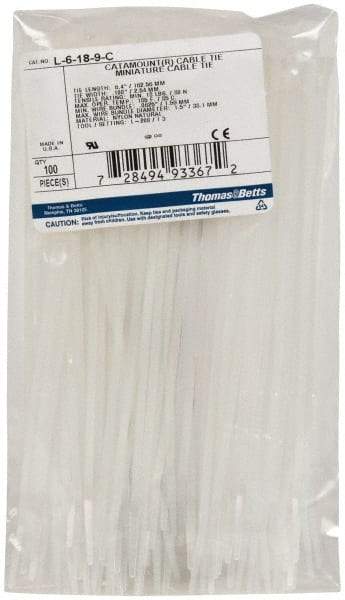Thomas & Betts - 6.4" Long Natural (Color) Nylon Standard Cable Tie - 18 Lb Tensile Strength, 1.13mm Thick, 1-1/2" Max Bundle Diam - Apex Tool & Supply