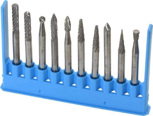 Made in USA - 10 Piece, 1/8" Shank Burr Set - Tungsten Carbide - Apex Tool & Supply