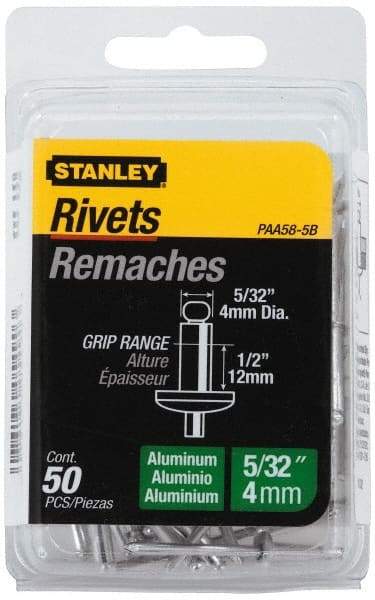 Stanley - Aluminum Color Coded Blind Rivet - Aluminum Mandrel, 3/8" to 1/2" Grip, 5/16" Head Diam, 0.156" to 0.164" Hole Diam, 0.675" Length Under Head, 5/32" Body Diam - Apex Tool & Supply