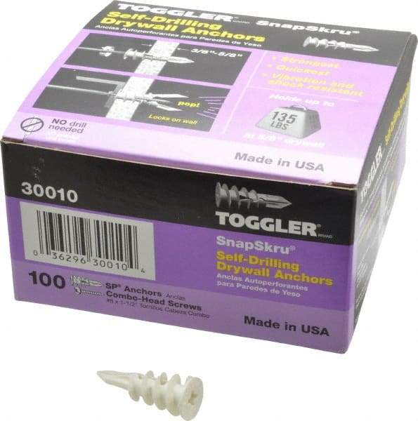 Toggler - #6 to 10 Screw, 5/16" Diam, 1-5/8" Long, 3/8 to 5/8" Thick, Self Drilling Drywall & Hollow Wall Anchor - Thermoplastic Alloy, Use in Drywall - Apex Tool & Supply