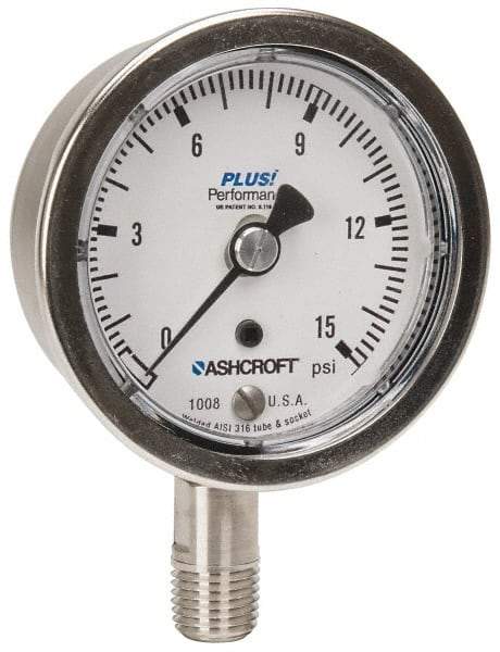 Ashcroft - 2-1/2" Dial, 1/4 Thread, 0-15 Scale Range, Pressure Gauge - Lower Connection Mount, Accurate to 3-2-3% of Scale - Apex Tool & Supply