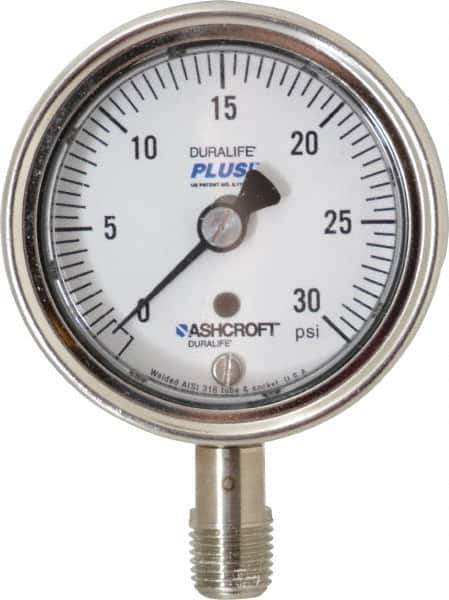 Ashcroft - 2-1/2" Dial, 1/4 Thread, 0-30 Scale Range, Pressure Gauge - Lower Connection Mount, Accurate to 1% of Scale - Apex Tool & Supply