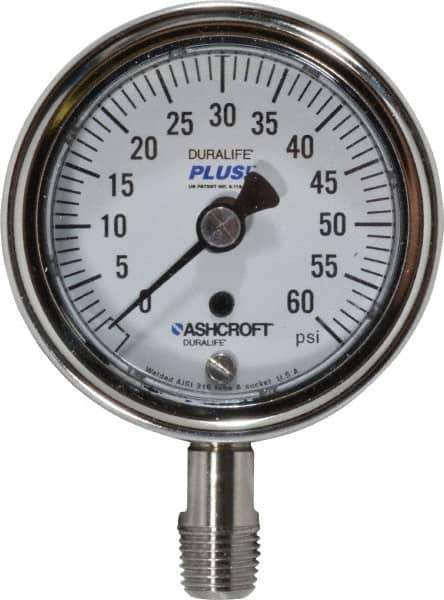 Ashcroft - 2-1/2" Dial, 1/4 Thread, 0-60 Scale Range, Pressure Gauge - Lower Connection Mount, Accurate to 1% of Scale - Apex Tool & Supply