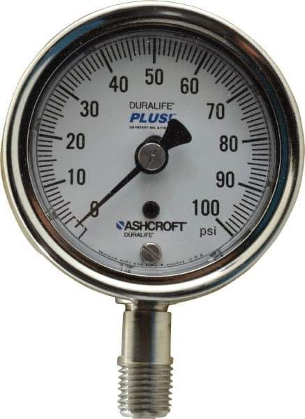 Ashcroft - 2-1/2" Dial, 1/4 Thread, 0-100 Scale Range, Pressure Gauge - Lower Connection Mount, Accurate to 1% of Scale - Apex Tool & Supply