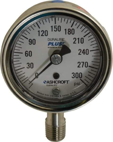 Ashcroft - 2-1/2" Dial, 1/4 Thread, 0-300 Scale Range, Pressure Gauge - Lower Connection Mount, Accurate to 1% of Scale - Apex Tool & Supply