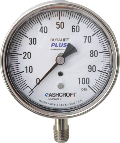 Ashcroft - 3-1/2" Dial, 1/4 Thread, 0-100 Scale Range, Pressure Gauge - Lower Connection Mount, Accurate to 1% of Scale - Apex Tool & Supply