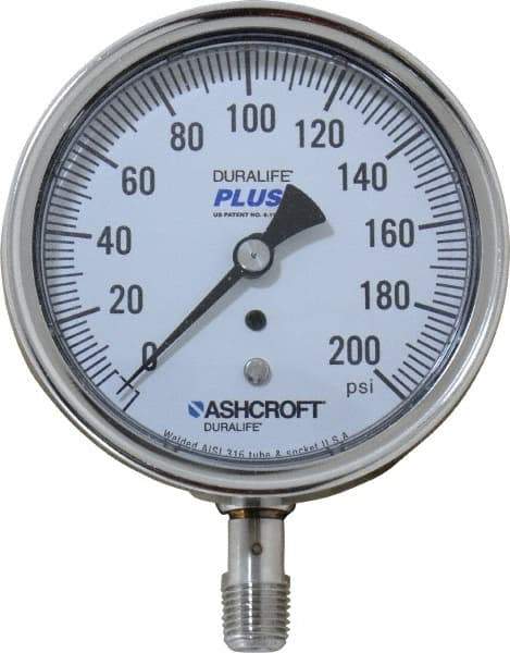 Ashcroft - 3-1/2" Dial, 1/4 Thread, 0-200 Scale Range, Pressure Gauge - Lower Connection Mount, Accurate to 1% of Scale - Apex Tool & Supply