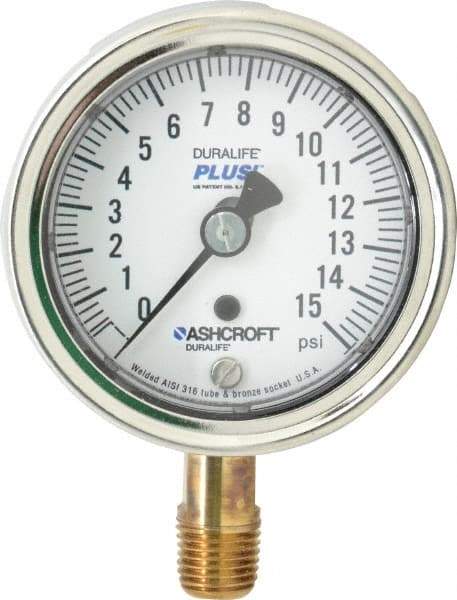 Ashcroft - 2-1/2" Dial, 1/4 Thread, 0-15 Scale Range, Pressure Gauge - Lower Connection Mount, Accurate to 1% of Scale - Apex Tool & Supply