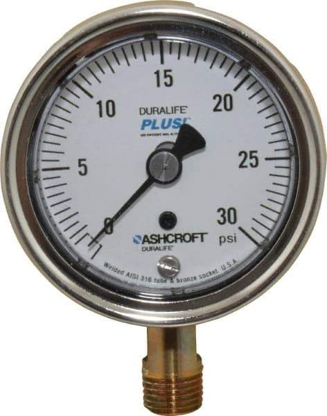 Ashcroft - 2-1/2" Dial, 1/4 Thread, 0-30 Scale Range, Pressure Gauge - Lower Connection Mount, Accurate to 1% of Scale - Apex Tool & Supply